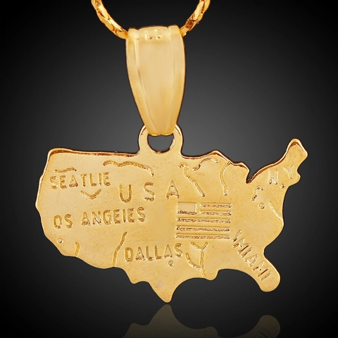 Collana Con Ciondolo Mappa USA Rame Placcato Oro 18K Nomi Di Città Incisi Modello Bandiera Gioielli Souvenir