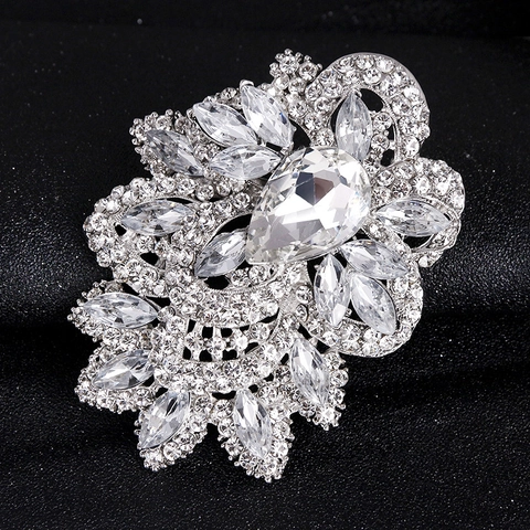 Luxurious Oversized Alloy Rhinestone Leaf Brooch For Women Vintage Silver Flower Bridal Bouquet Brooch Pin Jewelry Gift
