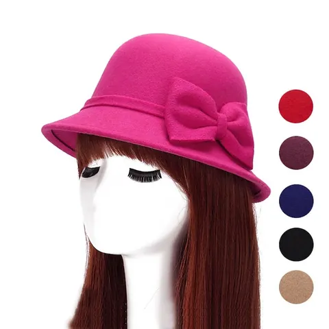 Women Cloche Hat Retro Faux Wool Bowknot Winter Autumn Warm Round Top Elegant