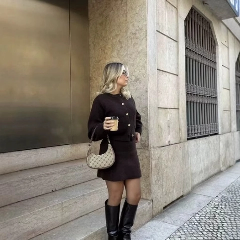 Women Solid Brown Knit Cardigan And Mini Skirt Polyester Elegant Gold Buttons Casual Autumn Winter
