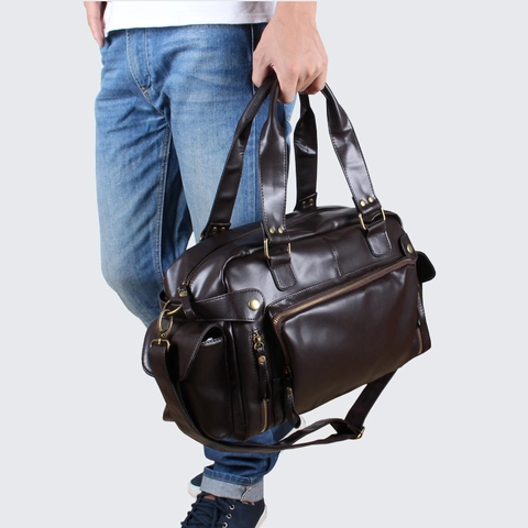 Bolso De Viaje De Cuero PU Para Hombre Gran Capacidad Multi Bolsillo Bolso De Hombro Retro Casual De Mano