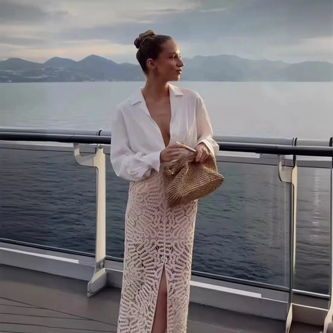 Top Senza Maniche Traforato In Maglia Crochet E Gonna Lunga Con Spacco Da Donna Stile Boho