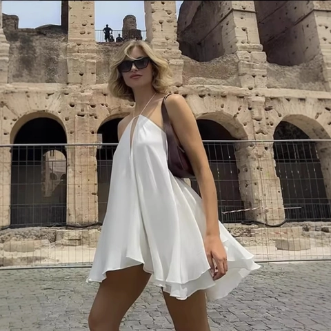 Halter Neck Backless Mini Dress Polyester Solid Color Summer Vacation V Neck For Women