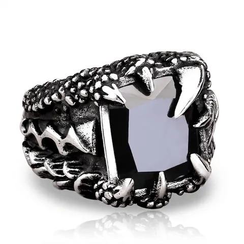 Herren Vintage Edelstahl Ring Drachenkralle Mit Rechteckigem Zirkon Gothic Punk Schmuck