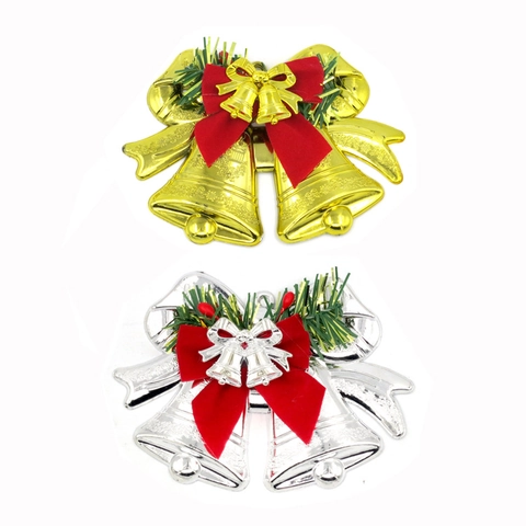 Christmas Hanging Double Bells Plastic Electroplated With Velvet Bowknot Faux Pine Needles For Holiday Tree Decor