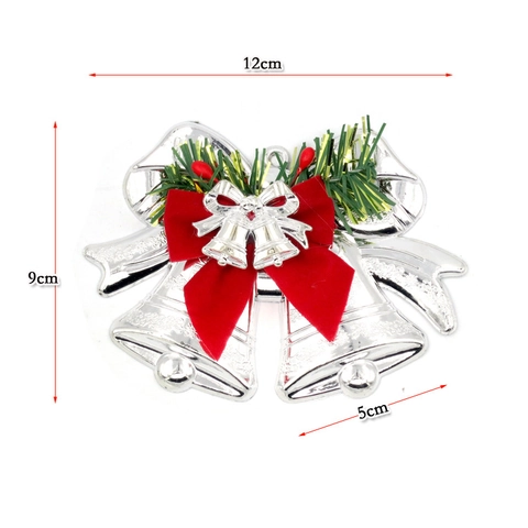 Christmas Hanging Double Bells Plastic Electroplated With Velvet Bowknot Faux Pine Needles For Holiday Tree Decor