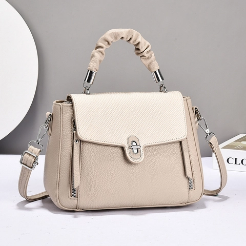 Women PU Leather Handbag Lychee Texture Woven Flap Ruched Handle Shoulder Crossbody Bag Silver Turn Lock