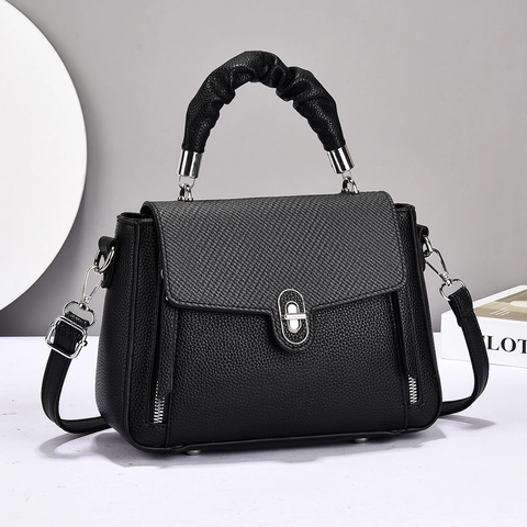Women PU Leather Handbag Lychee Texture Woven Flap Ruched Handle Shoulder Crossbody Bag Silver Turn Lock