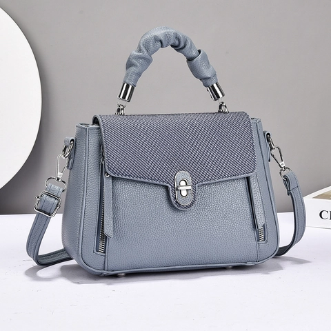 Damen Mode PU Leder Handtasche Litchikorn Webstruktur Umhängetasche Mit Plissee-Griff Silber Drehverschluss Crossbody Bag