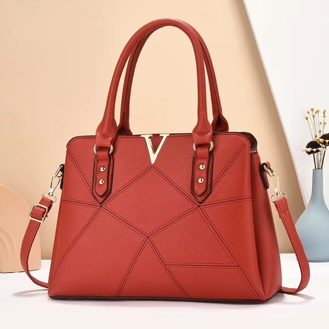 Borsa Da Donna In Pelle PU Grande Capacità Cuciture Geometriche Grana Litchi Borsa Tote Con Fibbia In Metallo Dorato