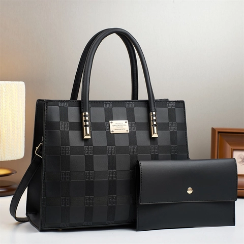 Retro Geprägte Schachbrett PU Leder Tote Bag Und Clutch Geldbörse Für Damen Große Kapazität Lässige Umhängetasche Handtasche