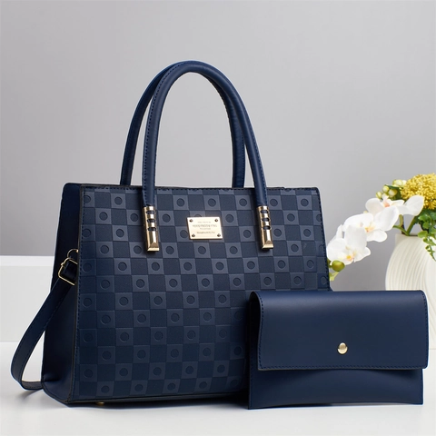 Women Tote Bag And Wallet PU Leather Embossed Geometric Pattern Large Capacity Shoulder Bag Retro Fashion Urban Daily