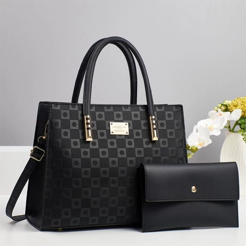 Women Tote Bag And Wallet PU Leather Embossed Geometric Pattern Large Capacity Shoulder Bag Retro Fashion Urban Daily