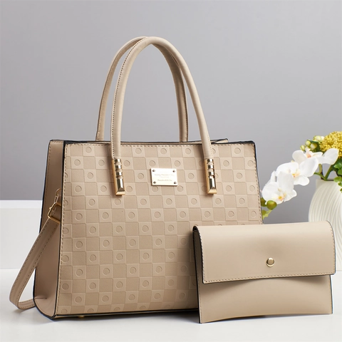 Embossed PU Leather Handbag For Women Large Capacity 2 Piece Tote Bag Set Minimalist Crossbody Shoulder Bag Office Daily Travel