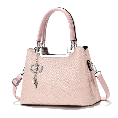 Gewebte PU Leder Handtasche Große Kapazität Umhängetasche Tote Bag Mit Abnehmbarem Schultergurt Und Elegantem Anhänger