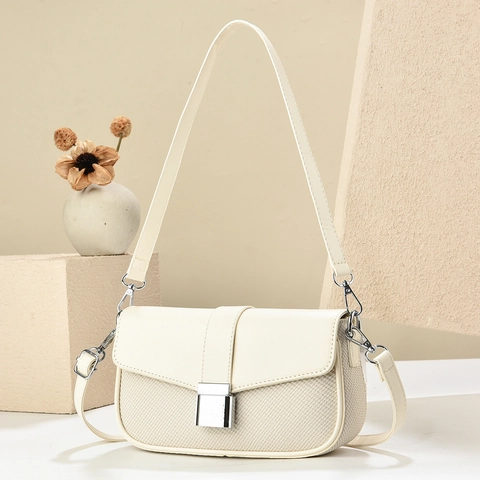 Women PU Leather Woven Texture Stitching Crossbody Shoulder Bag With Silver Square Metal Buckle Adjustable Strap