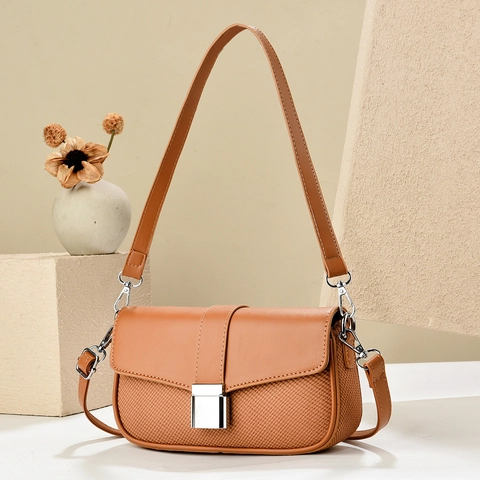 Women PU Leather Woven Texture Stitching Crossbody Shoulder Bag With Silver Square Metal Buckle Adjustable Strap