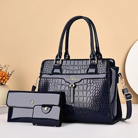 Krokodil Muster Patent PU Leder Tote Handtasche Und Lange Brieftasche Und Münzbeutel Für Frauen Elegante Pendler Goldene Hardware