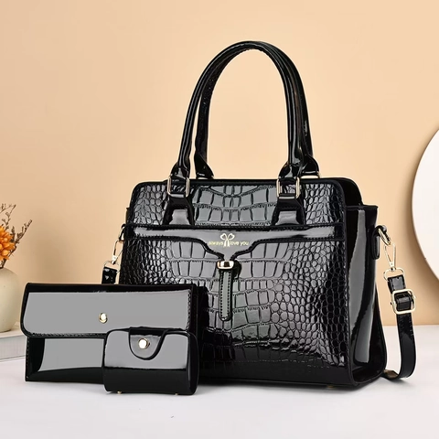 Krokodil Muster Patent PU Leder Tote Handtasche Und Lange Brieftasche Und Münzbeutel Für Frauen Elegante Pendler Goldene Hardware