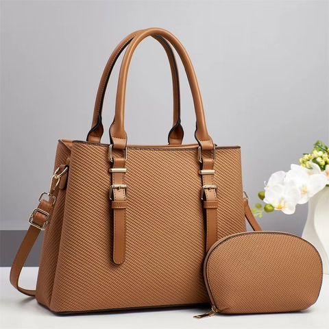 Sac Cabas Femme Et Pochette Texture Tissée Cuir PU Grande Capacité Poignée Bandoulière Fermeture Éclair Style Rue