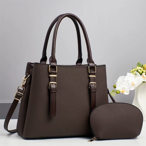 Sac Cabas Femme Et Pochette Texture Tissée Cuir PU Grande Capacité Poignée Bandoulière Fermeture Éclair Style Rue