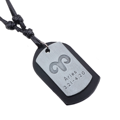 Collar Con Colgante De 12 Constelaciones Vintage Aleación Metal Cepillado Grabado Zodiaco Cuero Trenzado Cuerda De Cera Unisex