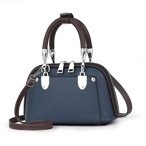 Women Boston Handbag PU Leather Lychee Pattern Crossbody Shoulder Bag Retro Contrast Color Top Handle Satchel