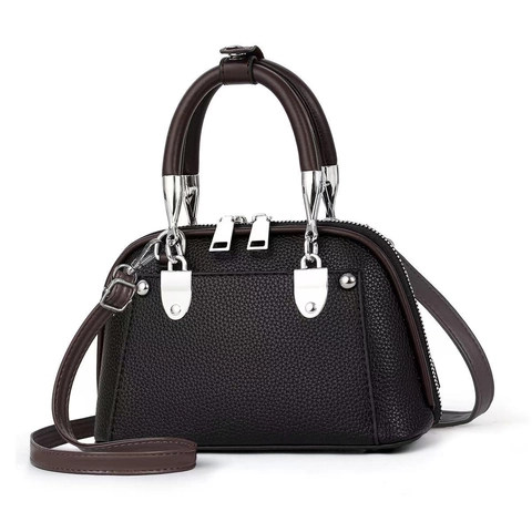 Women Boston Handbag PU Leather Lychee Pattern Crossbody Shoulder Bag Retro Contrast Color Top Handle Satchel