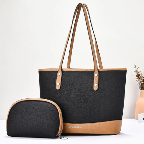Bolso Tote Para Mujer Y Estuche Cuero PU Grano Lychee Gran Capacidad Color Contraste Tendencia Calle Bolso De Mano