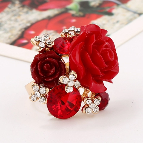 Rosenblumen Ring Legierung Harz Strass Kristall Verstellbar Retro Ethno Romantischer Schmuck Für Damen