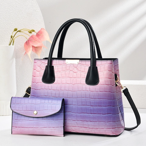 Women Crocodile Embossed PU Leather Handbag And Wallet Matching Gradient Color Large Capacity Elegant Tote Shoulder Bag