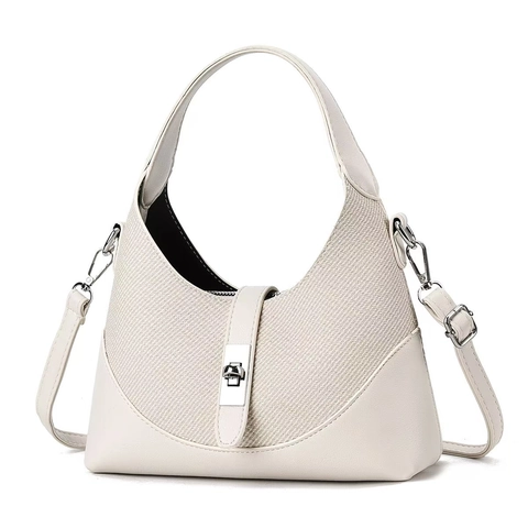 Women Half Moon Hobo Bag Spliced PU Leather And Woven Fabric Handbag With Silver Turn Lock Top Handle Retro Crossbody Bag