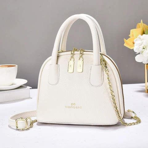 Shell Shoulder Bag PU Lychee Pattern Crossbody Handbag With Golden Chain Strap For Women Fashion Daily Use Elegant