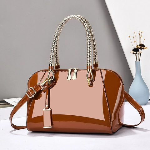 Bolso De Mano Charol Mujer Elegante Retro Brillante PU Bolso Bandolera Con Asa Trenzada Oficina Diario Viaje