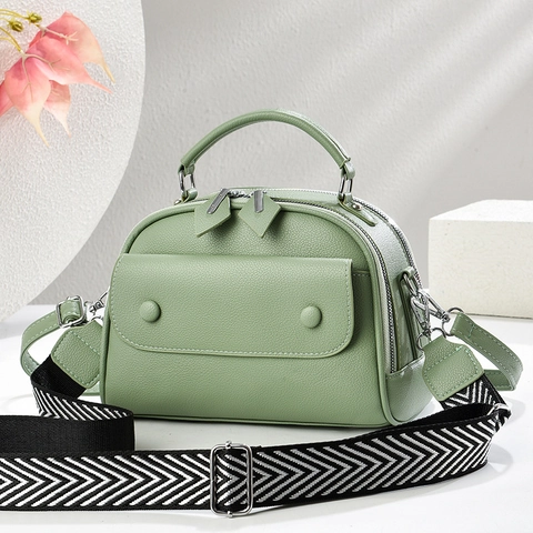 PU-Leder Damen Handtaschen Lychee-Muster Doppelreißverschluss Vordertasche Crossbody Umhängetasche Abnehmbarer Riemen Lässig