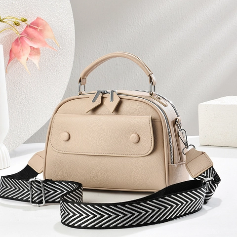 Women Lychee Grain PU Handbag Large Capacity Crossbody Satchel With Wide Geometric Shoulder Strap Versatile Commuter Purse