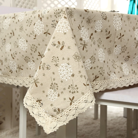 White Dandelion Printed Tablecloth Polyester Cotton Blend Rectangular Table Cover With Lace Trim Farmhouse Home Decor