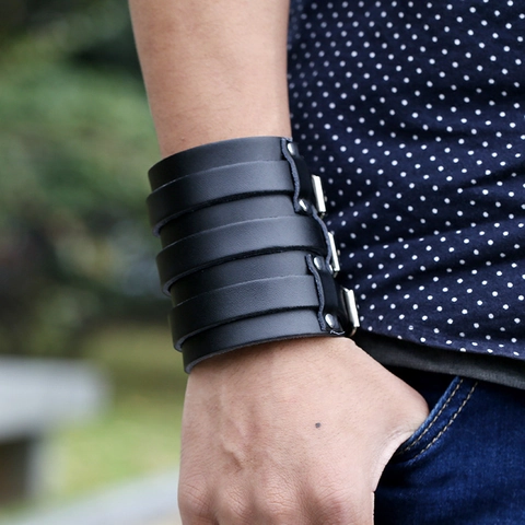 Breites Lederarmband Punk Rindsleder Mehrlagiges Manschette Mit Eisen Schnallen Rock Biker Schmuck Für Herren Damen