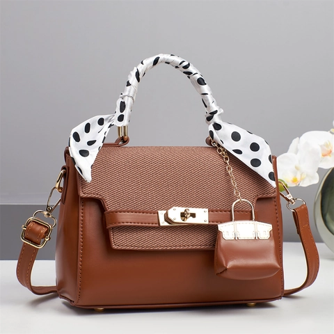 Elegant Women PU Leather Handbag Woven Texture Flap Satin Scarf Handle Mini Bag Pendant Shoulder Crossbody Bag