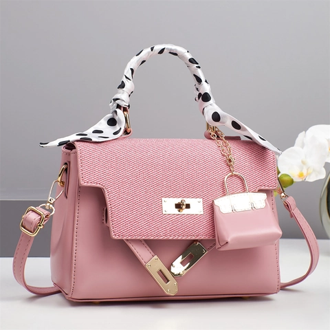 Elegant Women PU Leather Handbag Woven Texture Flap Satin Scarf Handle Mini Bag Pendant Shoulder Crossbody Bag