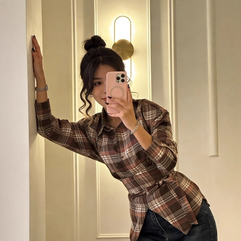 Plaid Shirt Women Long Sleeve Polyester Back Bow Tie Cinch Waist Irregular Hem Casual Retro Fashionable Blouse Top