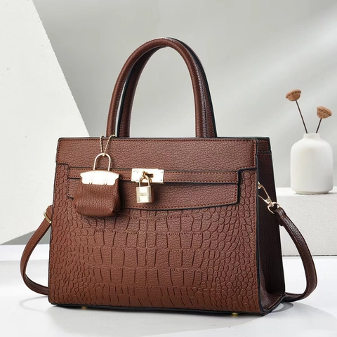 Large Capacity Women Handbag PU Leather Crocodile Pattern Top Handle Tote Bag With Detachable Shoulder Strap Golden Lock