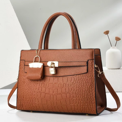 Large Capacity Women Handbag PU Leather Crocodile Pattern Top Handle Tote Bag With Detachable Shoulder Strap Golden Lock