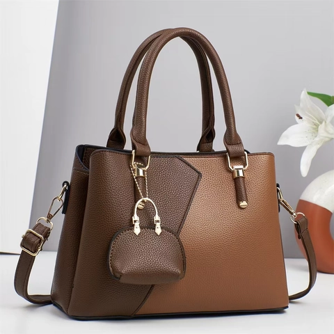 Borsa A Mano Da Donna In Pelle PU Color Block Motivo Litchi Borsa A Tracolla Con Mini Ciondolo Stile Coreano Elegante