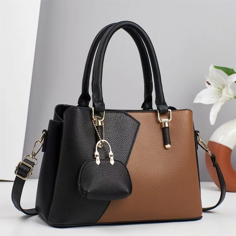 Borsa A Mano Da Donna In Pelle PU Color Block Motivo Litchi Borsa A Tracolla Con Mini Ciondolo Stile Coreano Elegante