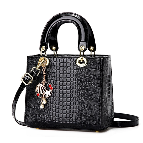 Women Alligator Embossed PU Leather Handbag Elegant Shiny Crossbody Shoulder Bag Marine Pendant For Daily Commute
