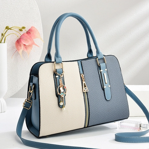 Borsa A Mano Donna Color Block Pelle PU Trama Intrecciata Grande Capacità Ufficio Borsa A Tracolla Rimovibile Ciondolo Coniglio