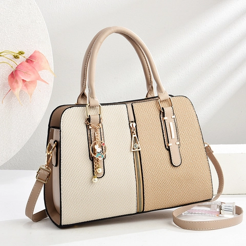 Borsa A Mano Donna Color Block Pelle PU Trama Intrecciata Grande Capacità Ufficio Borsa A Tracolla Rimovibile Ciondolo Coniglio