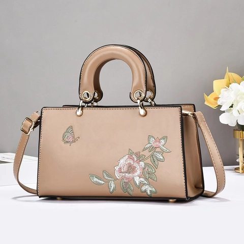 Sac À Main Femme En Cuir PU Avec Broderie Florale Papillon Élégant Sac Bandoulière Vintage Avec Poignée Et Sangle