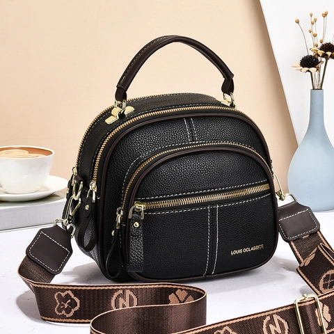 Women Handbag Lychee Texture PU Leather Multi-Zipper Layers Wide Patterned Strap Fashion Trendy Crossbody Bag